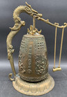 Vintage Bronze Brass Chinese Temple Asian Dragon Gong Bell On Stand Pendulum 12 