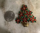 Vtg Christmas Tree Brooch Pin - Red  Enamel Poinsettia Flowers Green Rhinestones