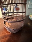 Vintage Asian Carved Small Birdcage W porcelain Cups