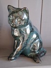 Vintage Green Ceramic Sitting Cat Figurine Mottled Glaze 5 5  Mc