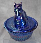 Rosso Pony Horse On Ribbed Nest Cobalt Carnival Glass Covered Dish