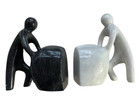 Modern Bookends Polished Marble Figure Pushing Rock Set - Black   White