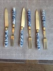 Antique Uchatius Bronze Austrian Fruit Knives forks Blue Onion Porcelain Handles