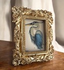 Great Blue Heron Bird Mini Watercolor Print In Gold Vintage Style Ornate Frame