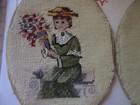 2 Oval Vintage Needlepoint - Petit Point Completed Victorian Women hats Flowers