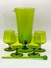 Vintage Barware Mid Century Modern Green Glass Cocktail Set 4 Glasses Stir Rod