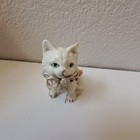Vtg  Persian Cat Figurine Ceramic White W  Ribbon   Flowers -blue Eyes 5  Tall