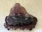Vintage Chinese Carved Fluorite Seated Laughing Buddha With Wooden Stand 5 5   