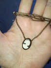 Vtg White   Black Cameo Gold Tone Tie Bar With Chain