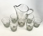Hand Blown Cocktail Martini Pitcher Clear Cut Glass Mcm Barware- 7 Piece Set