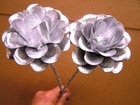 Two Large Metal Silver Colored Rose Flowers With Stems