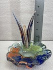 Vtg Art Glass Swan Figurine Multicolor Flower Base Murano Style White Blue