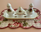 Rare Royal Albert Old Country Roses Salt   Pepper Shaker Set Mustard Pot   Tray