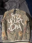 Leftpoint Men   s Wool Floral Varsity Jacket Khaki green Snap Pockets 2xl