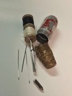 Antique Sewing Kit Brass Thimble Aluminum Case Needle Thread Miniature Germany