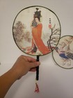 2 Vtg Chinese Fan Geisha Paddle Silk Hand Held Bamboo Handles Asian Japanese Lot