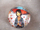 Glass Dome Pict Button - Girl Blue Coat W Matching Umbrella Raining Hearts  30mm