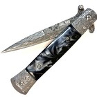 9  Lasered Damascus Like Spring Assisted Open Marble Black Folding Pocket Knife