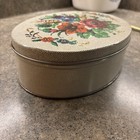 Vintage Needlepoint Floral Cookie Sewing Biscuit Tin Oval 9 5 Inch