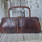 Vintage 1950s Sterling Genuine Lizard Skin Frame Clutch purse Brown Gold Clasp