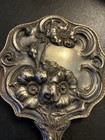 Antique Art Deco Silver Plate Hand Held Mirror Ornate Floral Vanity Patina