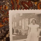Vtg B w Snapshot Photo 1950s Little Girl Front Yard Lawn Portrait House 1955