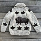 Vintage 70s 80s Bison Buffalo Cowichan Wool Zip Up Sweater Knit Western Sz Small