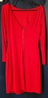 Women   s Red Solid Knit Sheath Dress V-neck Long Sleeve Zip Accent Knee Length 12