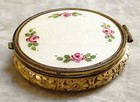 Vintage Enamel Guilloche Powder   Rouge Double Compact Pink Roses Gold Tone