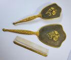 Vintage Brass Vanity Set Hand Mirror Hair Brush   Comb Floral Design Art Deco