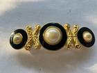 Vtg Black Enamel Faux Pearls Gold Metal Neoclassic Hair Barrette Made In France
