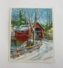 Vintage Mid Century Christmas Greeting Card Silver Glitter Snow Covered Bridge