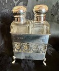 Antique English Wwi Era Glass Scent Bottle Pair Sterling Silver Lids Caddy