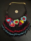 Indian Native Beaded Hearts Red Black Multi Color Rare Bead Necklace Hand Made