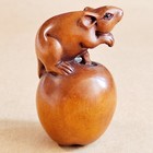 G8254 - 2  Hand Carved Boxwood Netsuke Figurine - Lovely Mouse On Apple