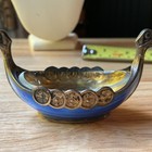 Sterling Silver Blue Enameled Viking Ship Salt Cellar T  Olsen Norway Glass 