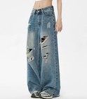 Women s Denim Blue Jeans Straight Leg Ripped Holes Pants Trousers Punk Casual