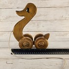 Vintage Handcrafted Wooden Duck Pull Toy Brown Stained Rolling Nursery Decor