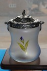 Antique Ornate Frosted Glass  Floral Enamel Hand Painted Biscuit Jar