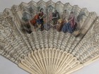 Antique French Victorian Folding Hand Fan Paper Carved Bone Vintage