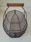 Vtg Metal Wire Vegetable Egg Basket Wood Handle Country Rustic Farmhouse Decor
