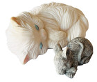 Vintage Ceramic Figurines Kitty Cat   Mouse Lying Down Sleeping Ceramic 2 Piece
