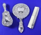 Vintage Vanity Set Silver Plate 3 Piece Hand Mirror Brush Comb  heavy     5320