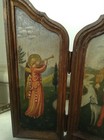 19th Century Antique Triptych Angel Figures Dog Middle Ages Rare Oil Painting