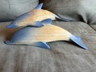 Wooden Hand Carved Two Art Sculpture Figure Of Two Blue Tail Fins Nose Dolphins