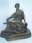 19th C  Antique Bronze Seated Robed Grecian Woman Sculpture On A Plinth Signed