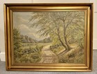 Antique 19th Century Large Moody Dutch Landscape Oil Painting Gilt Frame