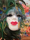 Mardi Gras Style Ceramic Lady Face Mask Feathers beads Wall Hanging Decor 