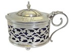 1902 Birmingham Sterling Silver Pierced Mustard Pot W  Cobalt Blue Glass Liner