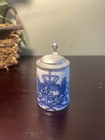 German Breweriana Lidded Beer Stein Blue   White Pewter Lid Schrobenhausen